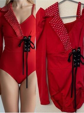 Kelle dance solo costume red rhinestoned asymmetrical one sleeve leotard Teen SA